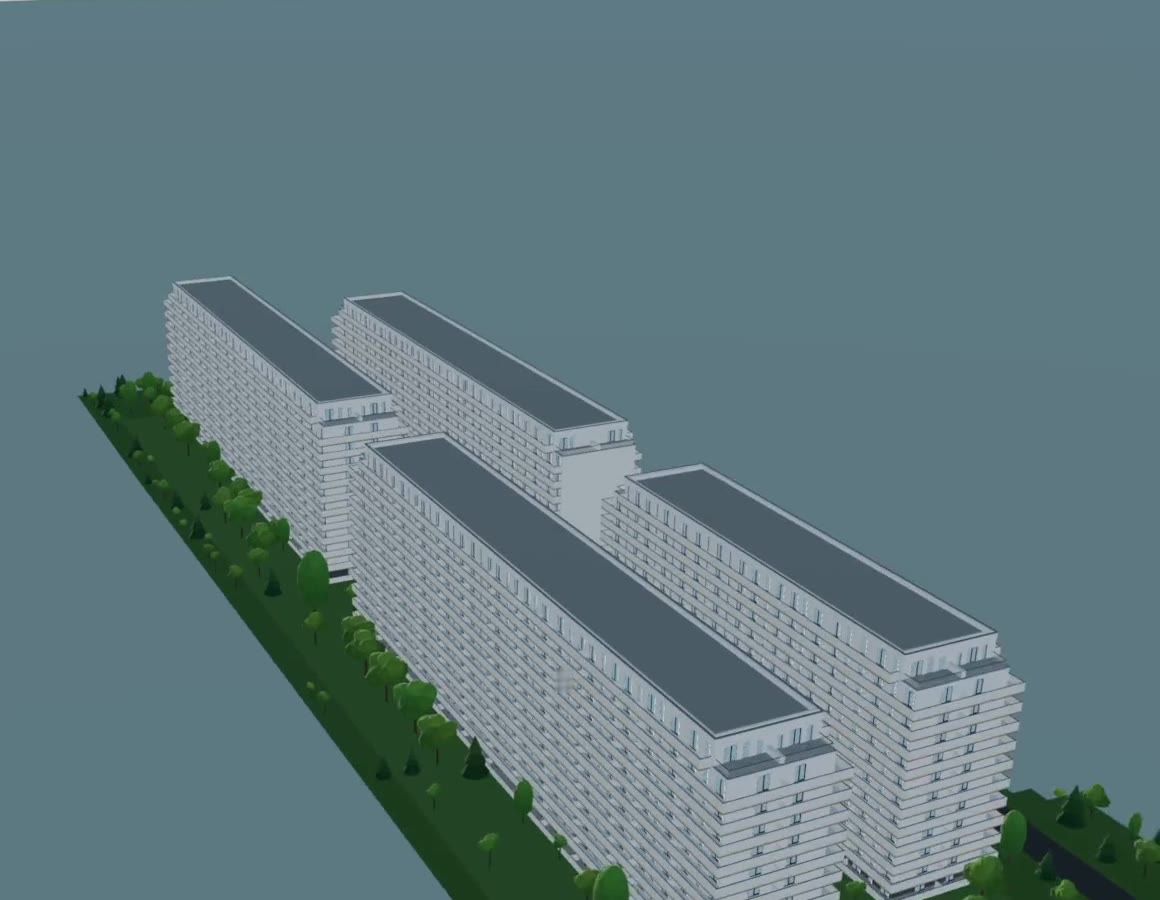 A generated scheme: four residential buildings of ground plus eleven over one plot, with roads, parking and planting