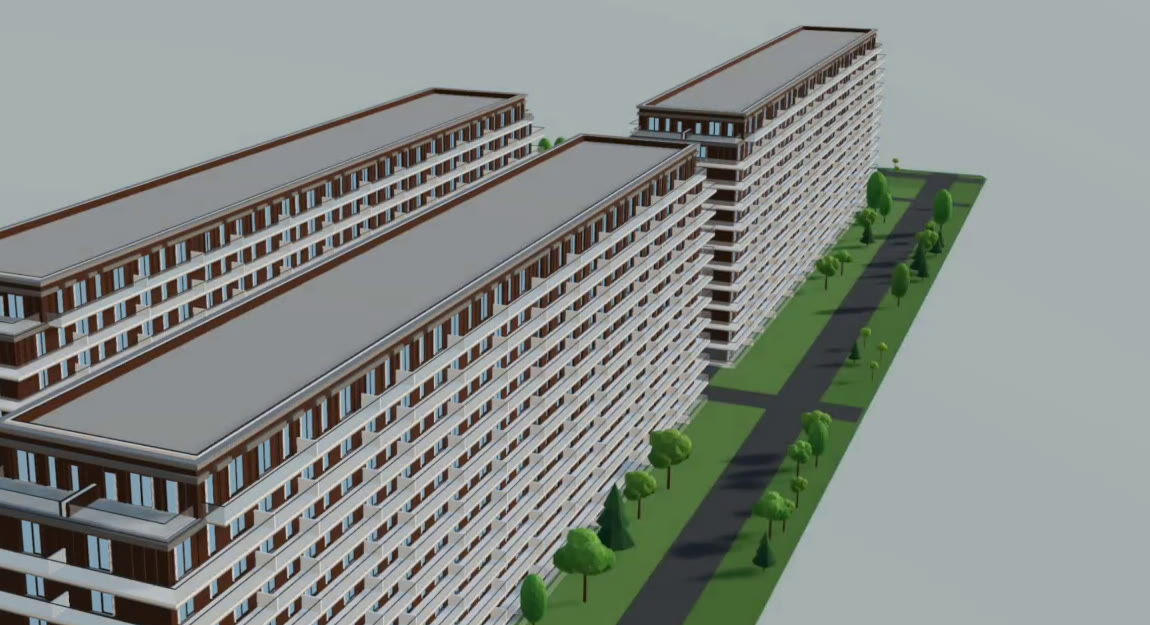 Facades on three long residential buildings with balconies, beside a planted street