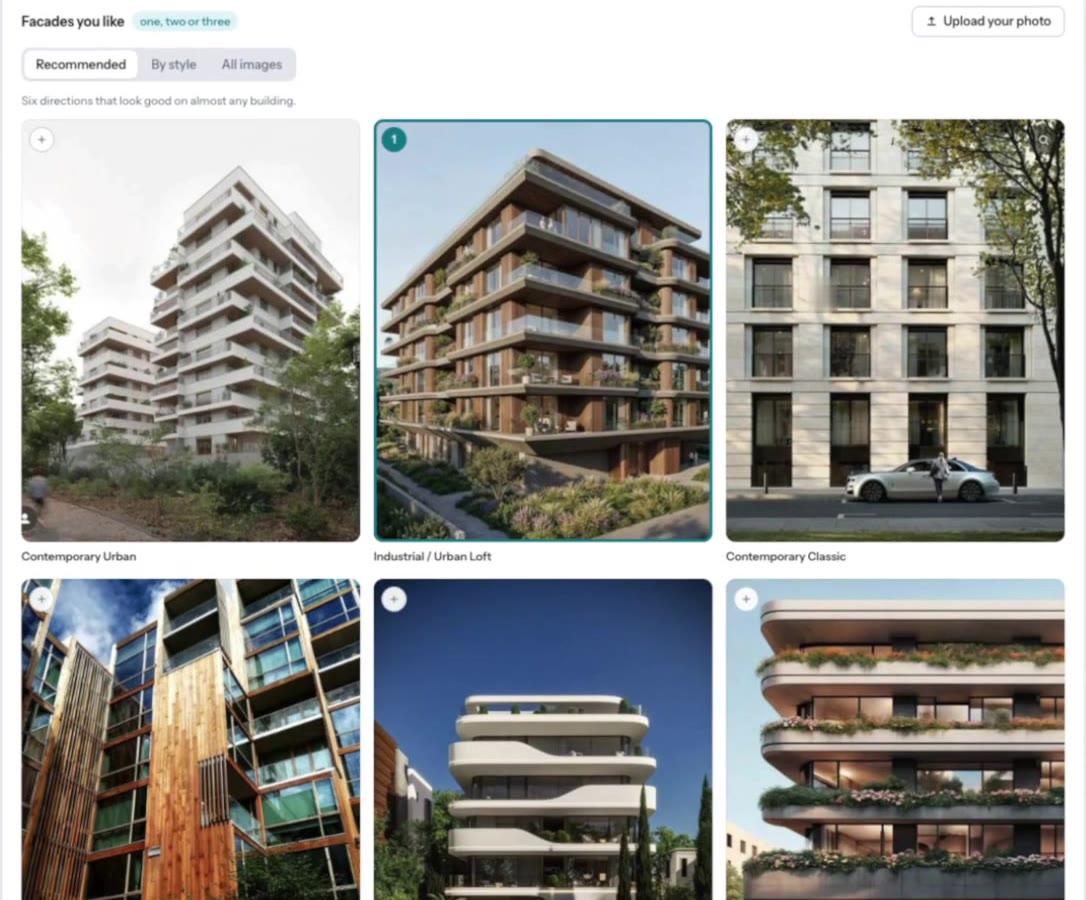 Choosing the facade: six reference styles, one picked, and the picks bar below
