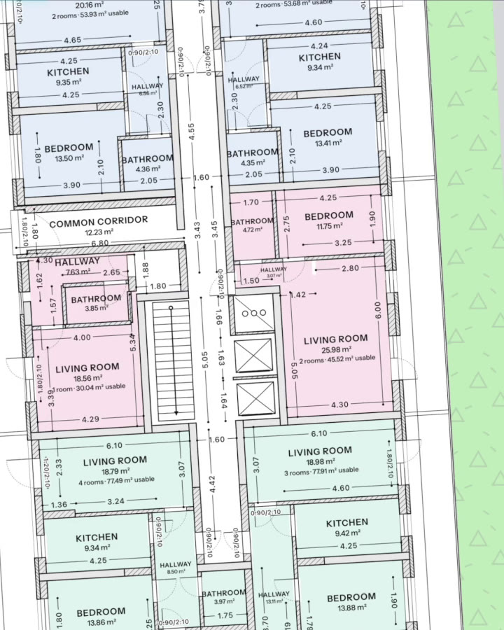 A generated typical floor: apartments around the cores, with room names, areas and dimensions