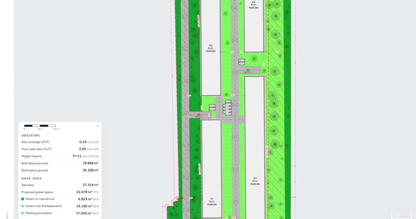 A generated site plan with its figures: site coverage, floor area ratio, built area and green space