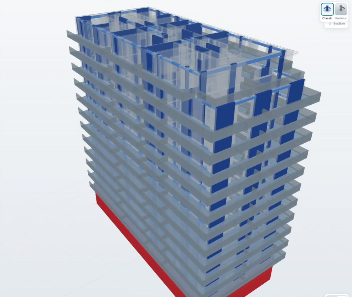 The structural model of a residential block: concrete walls in blue, basement walls in red, slabs and balconies in grey