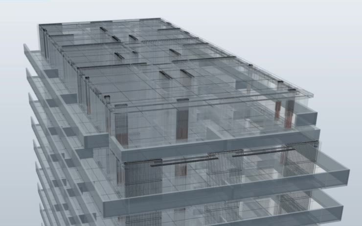The top floors of a residential block in the structural model: walls, slabs and balconies, with the reinforcement of the walls