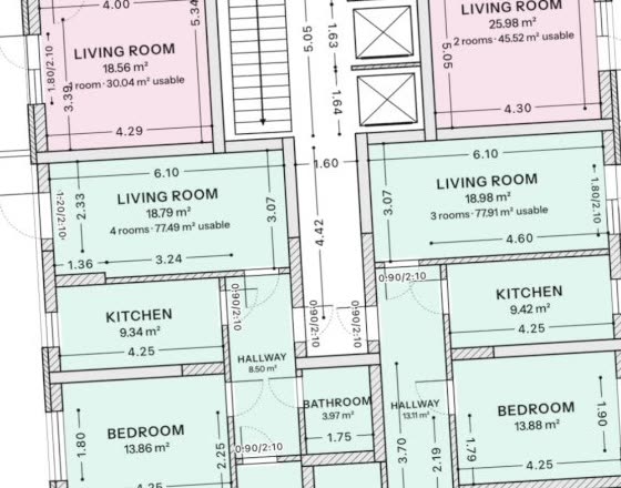 Detail of a generated floor plan: apartments with living rooms, kitchens, bedrooms, areas and dimensions