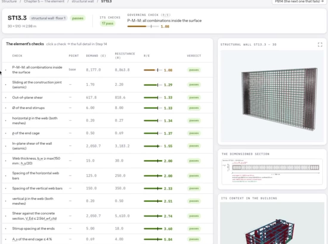 One structural wall’s checks, each with its demand, capacity, ratio and verdict, beside the wall’s reinforcement cage