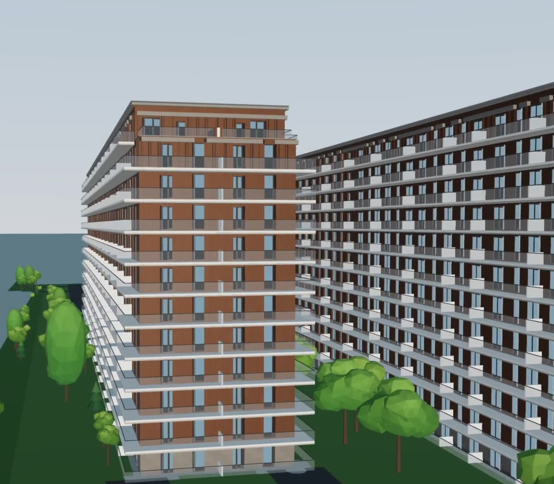 Brick facades with balconies on two residential buildings of ground plus eleven floors, among trees
