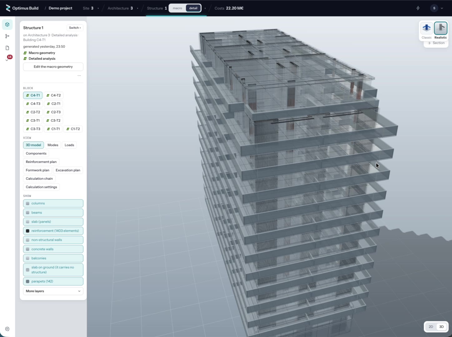 The structural model of a residential block in the product, with the reinforcement of its top floors